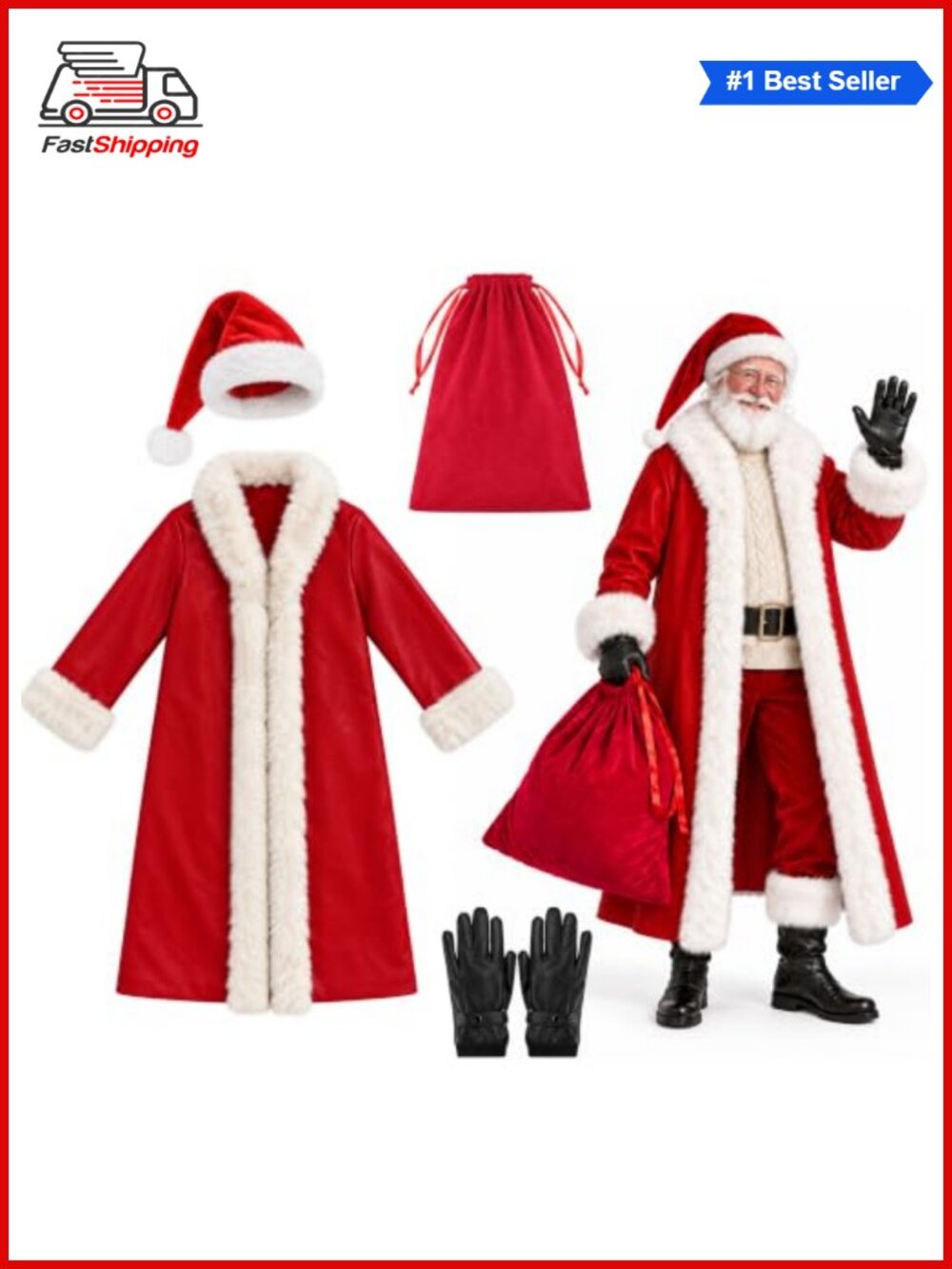 🎅 Santa Claus Costume 4 Pc Long Coat Faux Leather Hat Gloves Gift Sack
